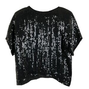 VTG HONEYBEE Pure Silk Sequin Top Sz M Black Beaded Neckline S/S Lined Retro